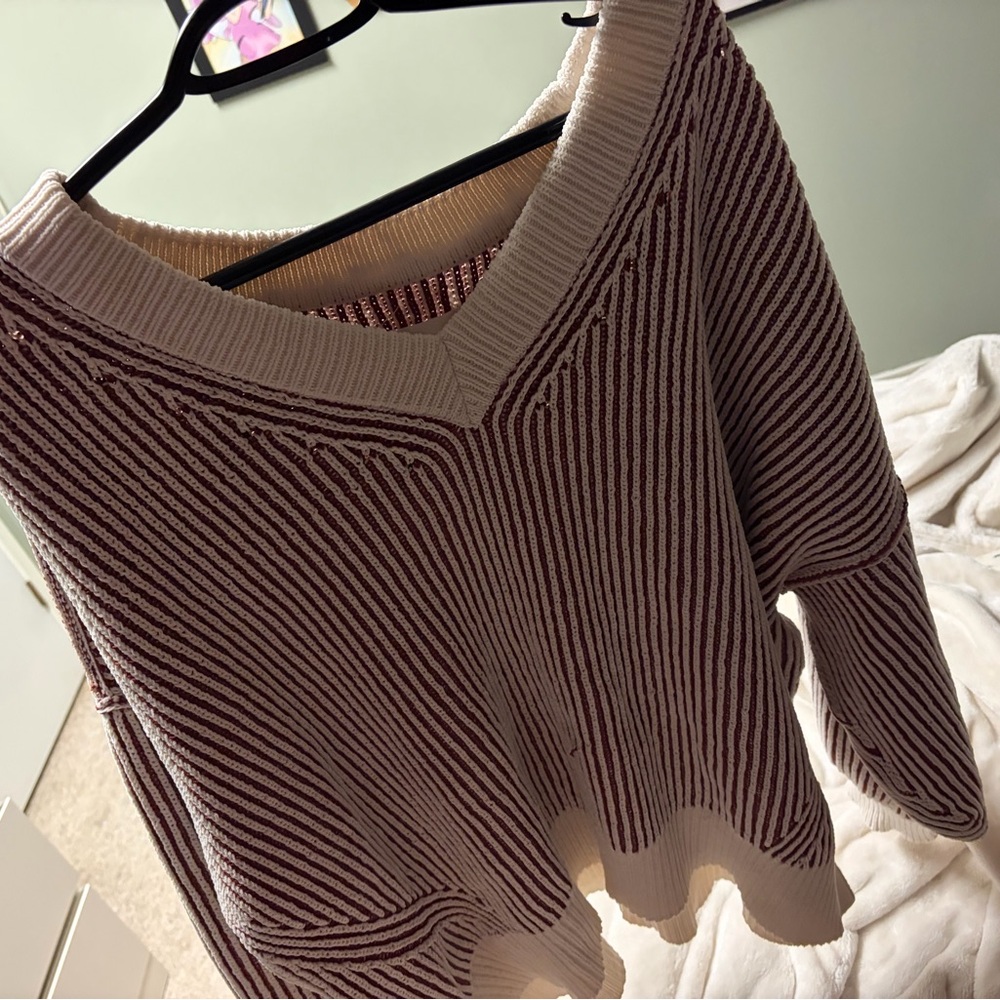 aerie Striped V-Neck Sweater in Cream and Burgundy